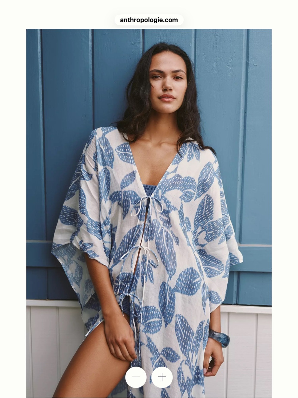 Anthropologie Blue Leaf Tie-Front Swim Cover-Up one size fits all